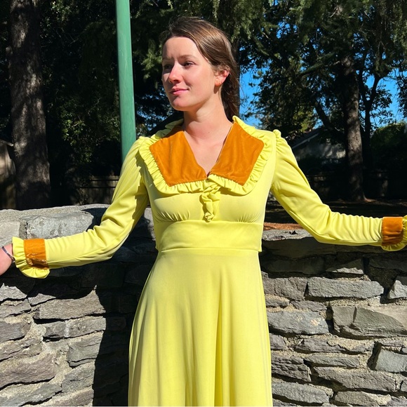 1970s Buttercup Poly & Velveteen Maxi Dress - Picture 7 of 8